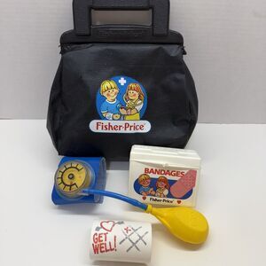 Vintage 1987 Fisher Price Medical Kit Doctor Set Black Bag Cast Blood Pressure